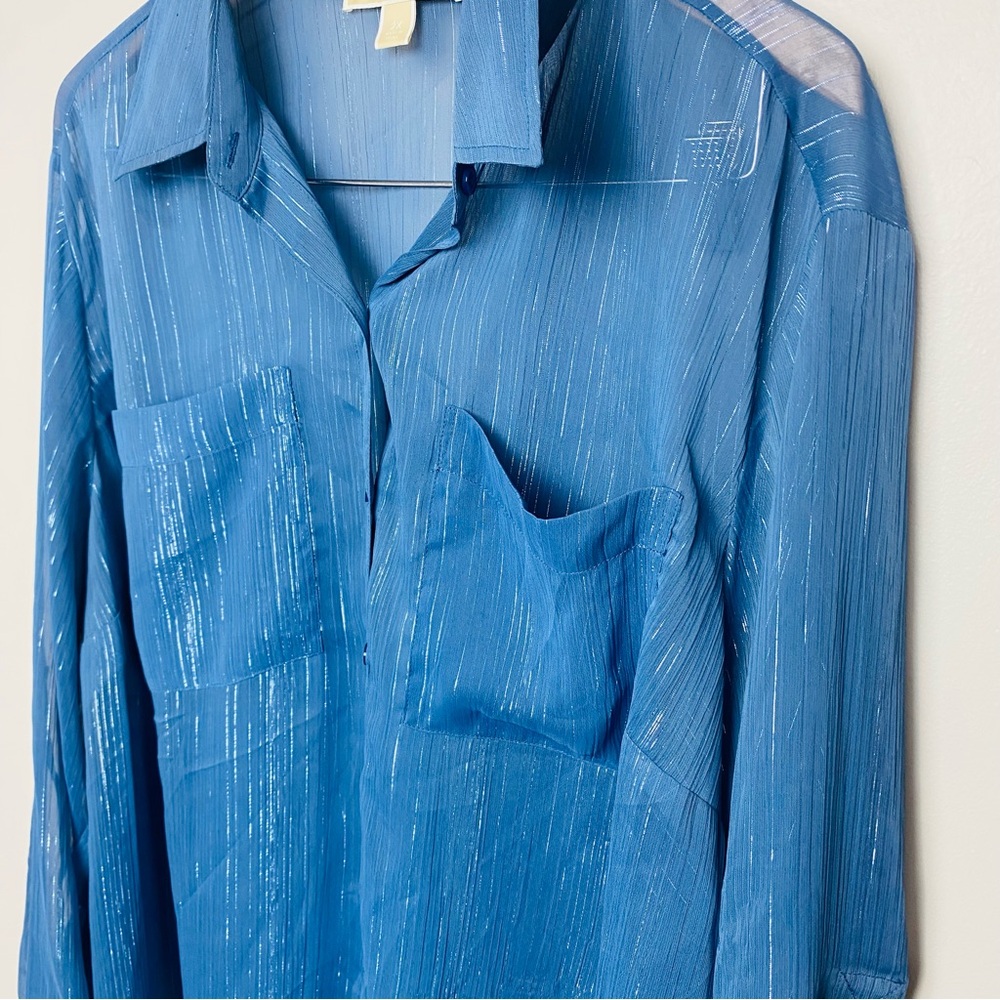 Michael Kors Blue Sheer‎ Metallic Striped Button Up Blouse Women's 2X - Picture 3 of 7